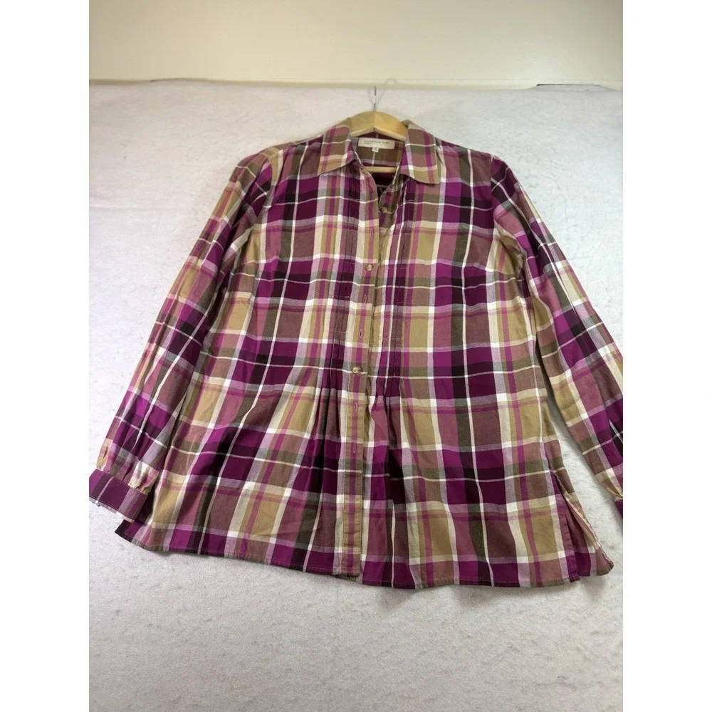 Jones New York Sport Button Front Women's M Magenta Plaid Flannel Shirt L/SL